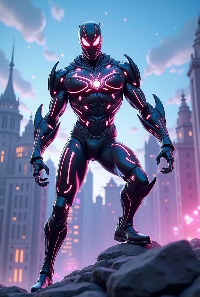 Close a powerful threat, The imposing appearance of an black panther and iron man fusion, menacing stare, ricamente detalhado, Hiper realista, 3D-rendering, obra-prima, NVIDIA, RTX, ray-traced, Bokeh, Night sky with a huge and beautiful full moon, estrelas brilhando, 8k,