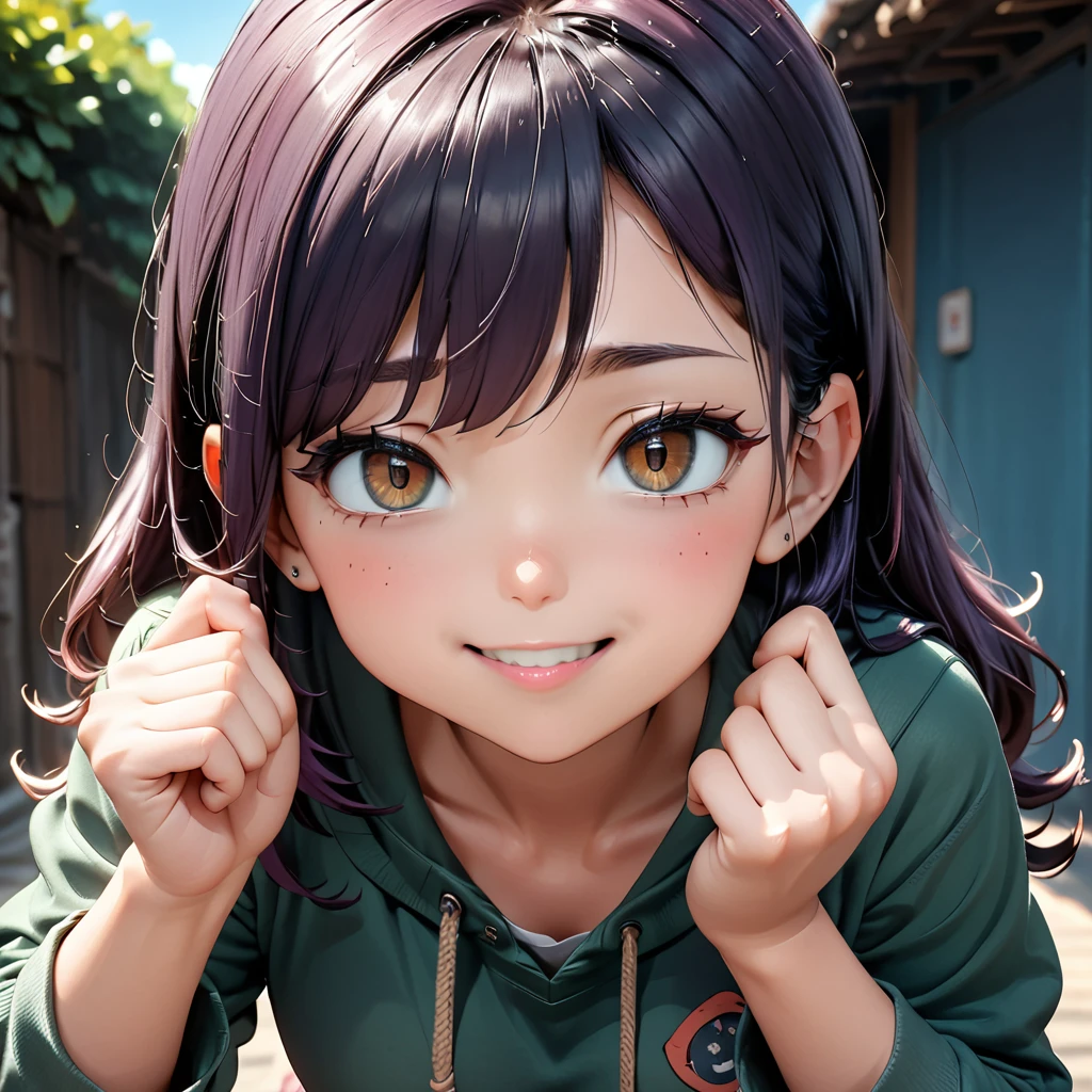 Masterpiece, 4K, HDR, full HD, (best quality), (ultra detailed), (only), intricate ANIME TYPE, best quality, 1girl, ((deep purple hair)) , hyPEr beautiful face, PErfect anatomy, shiny skin, full body, alone, long hair, looking at viewer, PErfect hands, PErfect legs, suPEr detailed clothes, intricate clothes, hyPEr detailed cloths, suPEr detailed face, suPEr detailed skin, suPEr detailed quality, expressive eyes, brown eyes, suPEr detailed eyes, JK, epngekatsuragimisato ,  SDXL Illustration Design Pretty Girl Two-dimensional Pretty Girl Digital Painting Comic Ukiyo-e Watercolor Manga Other,ROUGH, smile, blushing, dynamic pose, American shot, cowboy shot, portrait quality, suPEr detailed hands, suPEr detailed fingers, very beautiful fingers, very beautiful hands, The image created is 3/4 of the body, bright red lipstick, standing facing the viewer, stylized fingers, detailed female fingers, standing in front of the viewer, leaning towards the viewer in a sensual way, V-neckline, and_PE, 1girl, brown eyes, green hoodie, brown skirt, green tights, 30 years old,