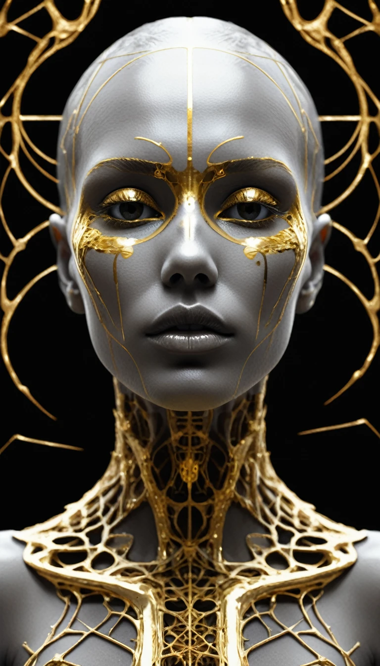 ((anthropomorphic geoglyphs)), a gray and gold photo of a goddes of death body, digital art, generative art, abstract painting, on half mirrored image, portrait of an goddes of death, abstract album cover, intertwined a dissolving, staring, messy, penetrate, juicy, sensual, submissive, dominant, (sexual:1.3), sexy shapes, romantic, fine art, vibrant neon colors, 