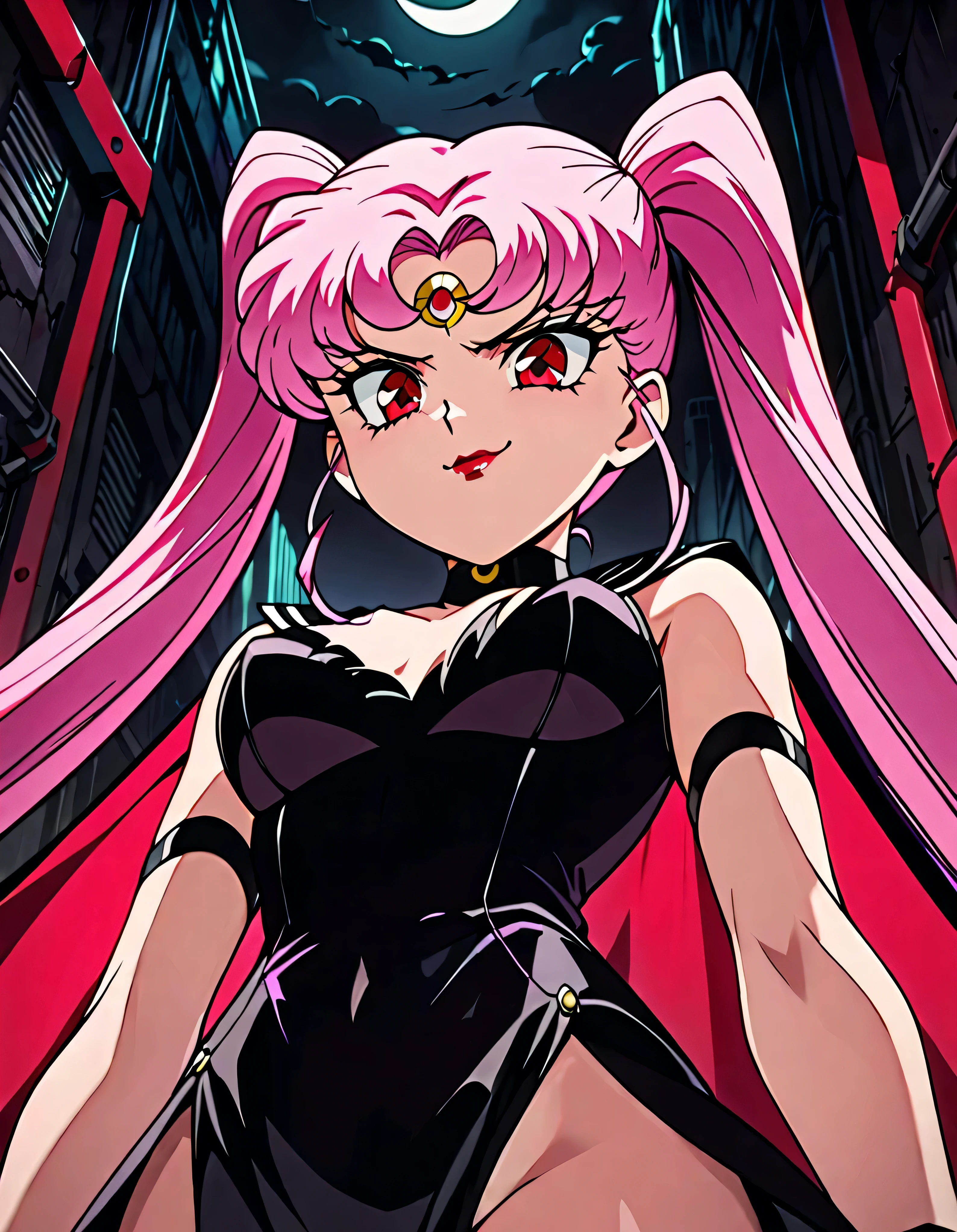 Sailor Moon's Wicked Lady, Pink Hair, Red eyes, , Black Crescent Moon Mark on Forehead , very evil smirk,beautiful body,shaded face(eyes in evil shadow),((masterpiece,best quality)), absurdes,black dress,upper body,beautiful face,,looking down at viewer,twintail,,Sadistic ridicule,look down,looking down at viewer, ,factory of evil darkness background,from below,close up,Dark Side、Alone.1girl、darkness,wander,cyberpunk