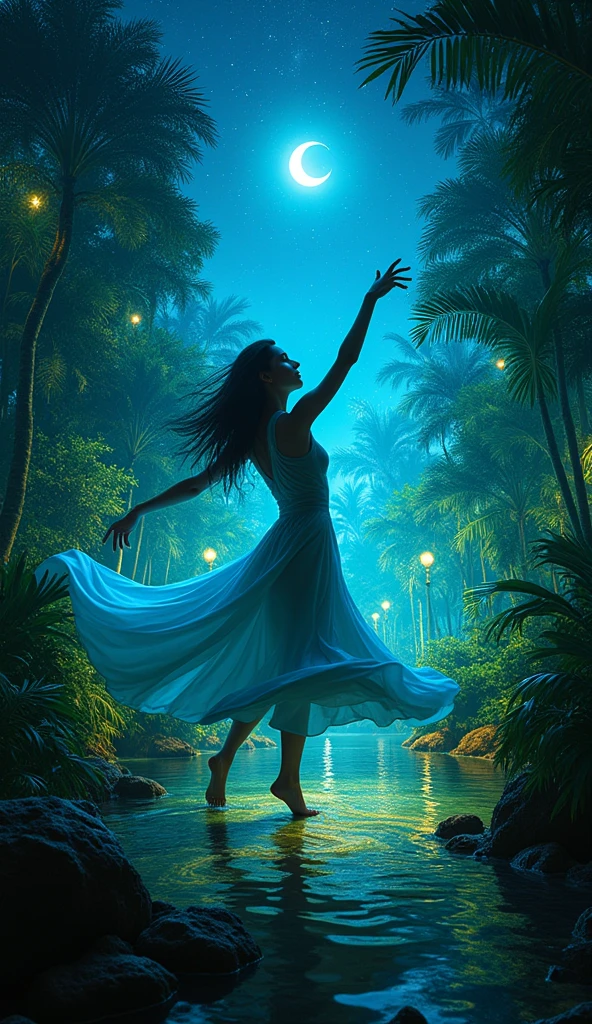 Silhouette of a woman dancing under a waterfall,moonlight,a quiet night