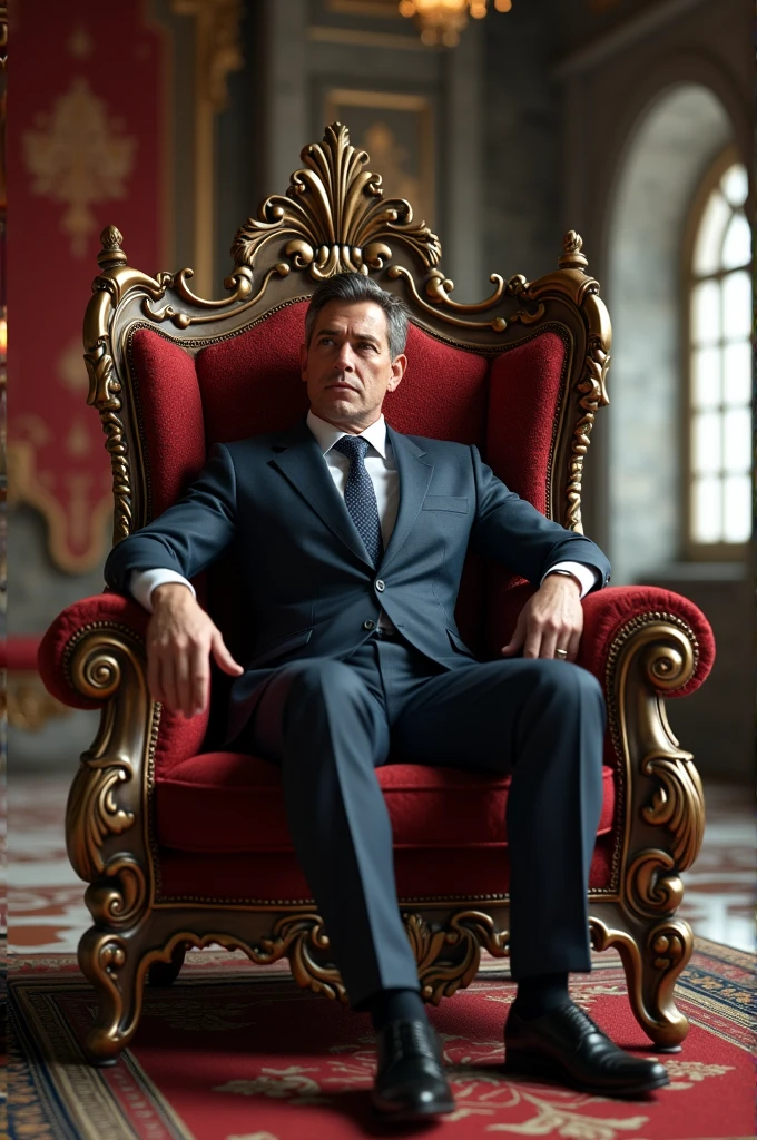 Bernard Arnault, the CEO of Louis Vuitton, sitting in a throne and crowned as the King of Fashion, (detailed), (realistic).