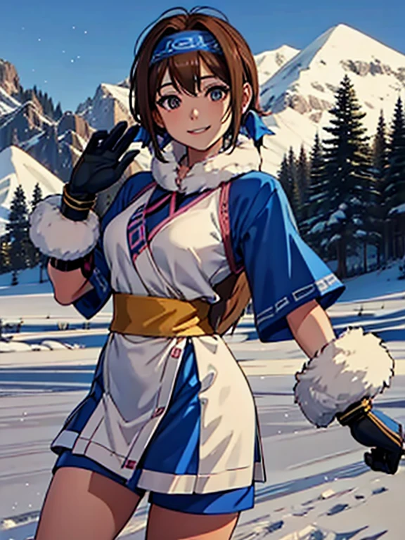 (best quality, masterpiece, ), 1girl,solo,looking at viewer,smile   rimururums, ainu clothes, breasts, headband, gloves,brown short hair, ,snow,