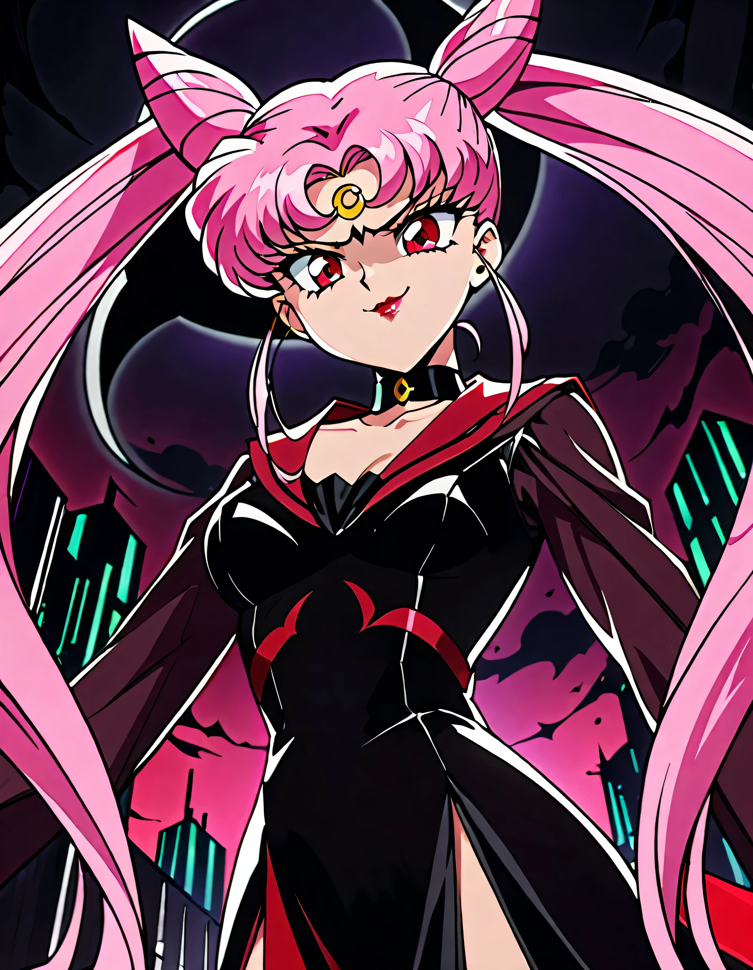  Sailor Moon's Wicked Lady, Pink Hair, Red eyes, ,  Black Crescent Moon Mark on Forehead , very evil smirk,beautiful body,shaded face(eyes in evil shadow),((masterpiece,best quality)), absurdes,black dress,upper body,beautiful face,,looking down at viewer,twintail,,Sadistic ridicule,look down,looking down at viewer, ,factory of evil darkness background,from below,close up,Dark Side、Alone.1girl、darkness,wander,cyberpunk