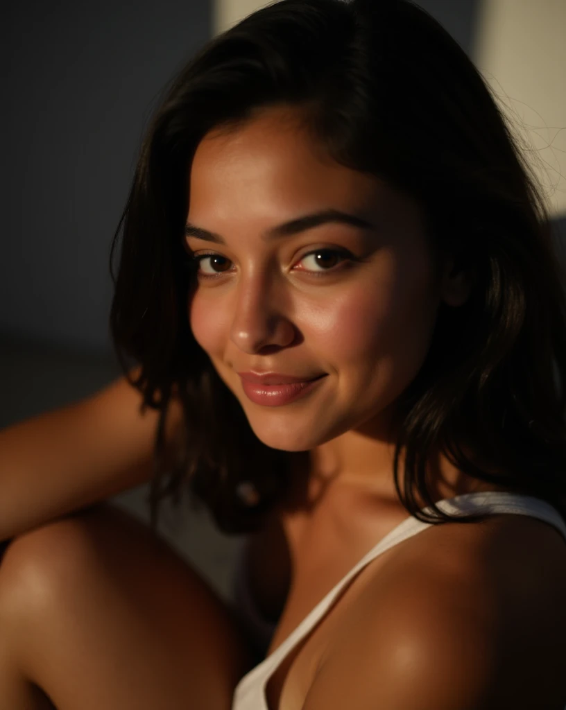 portrait photo of a beautiful curvy brunette Mexican supermodel with Asian facial features and dark black hair. She has a voluptuous body, large breasts, large breasts, and a skinny waist. overlooking Miami in the background at night. RAW photo, (intricate detailed eyes), alone, from low angle, close up portrait, cheeky smile, thicc, sitting, (looking at the camera), intricate details, halo of light, midday sunlight streaks spilling over face, face details, unbelievable intricate details, dark shadows, (dark room), real lighting, bloom, volumetric lighting, cinematic lights (ultra skin texture) (LORA: epiNoiseoffset_v2), correct_anatomy