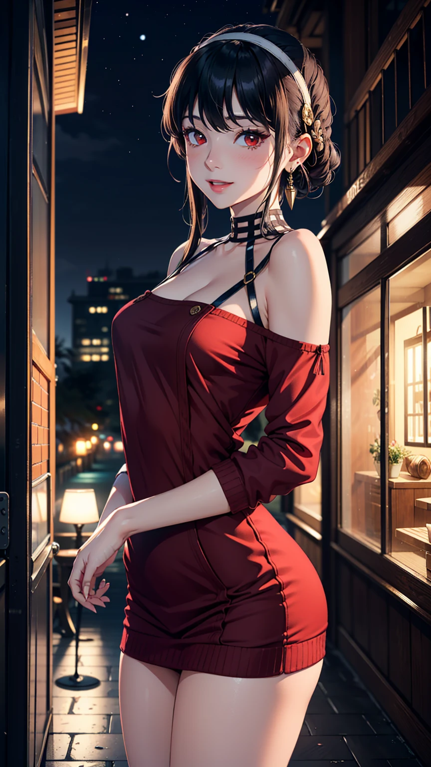masterpiece, best quality, shadows, perfect hands, perfect legs, perfect anatomy, pretty face, mature features, 1 girl, 21 years old, mature woman, sexy red dress, city night background, white long hair, seductive, spicy, posing, cinematography lights,