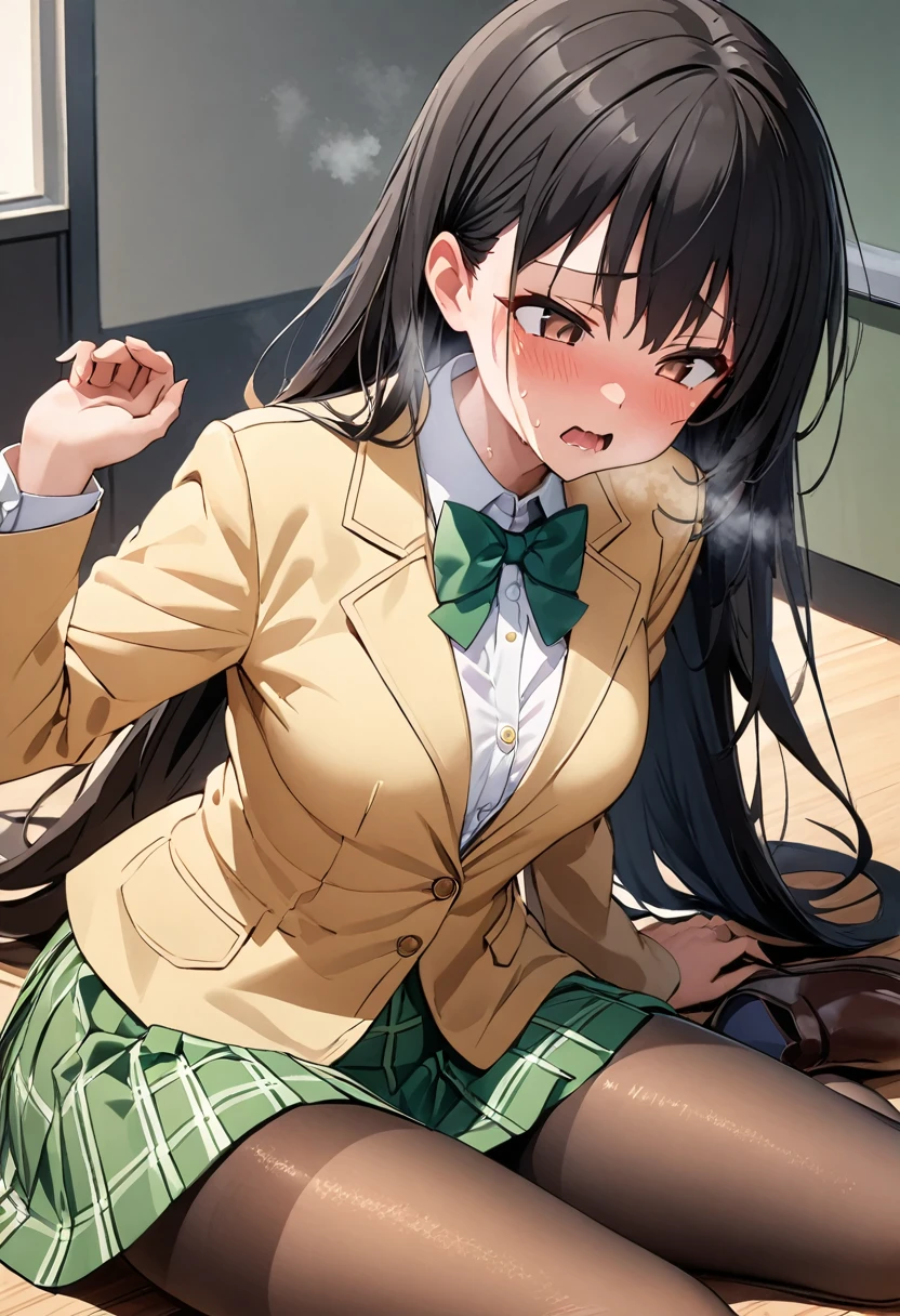 Furukawa Yui、Black Hair、 Brown Eyes 、Long Hair、 I feel the intense climax、Naughty expression、Hot body、Hot Breath、painful crotch 、Panting annoyingly、(( convulsing body))、 lies down, Bend your body、Alone, Yellow Blazer,  Long Sleeve , Green bowtie,  checked miniskirt , Green mini skirt,  pantyhose,  loafers, masterpiece, Best Quality,   detail face , fine grain,  high definition、Hot body、Hot Breath、