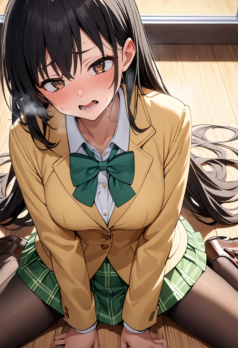 Furukawa Yui、Black Hair、 Brown Eyes 、Long Hair、 I feel the intense climax、Naughty expression、Hot body、Hot Breath、painful crotch 、Panting annoyingly、(( convulsing body))、 lies down, Bend your body、Alone, Yellow Blazer,  Long Sleeve , Green bowtie,  checked miniskirt , Green mini skirt,  pantyhose,  loafers, masterpiece, Best Quality,   detail face , fine grain,  high definition、Hot body、Hot Breath、