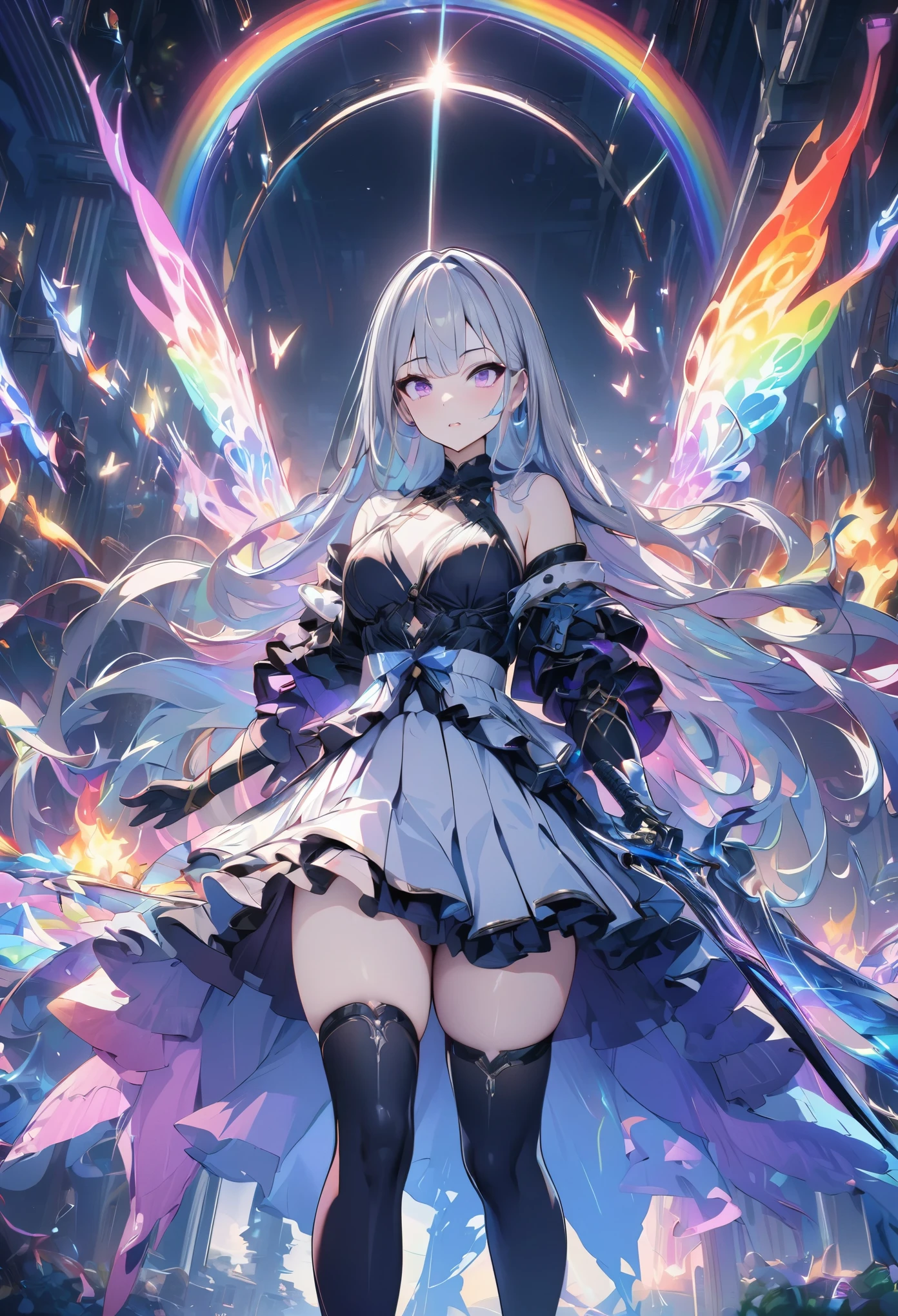 (masterpiece,  best quality:1.2,UHD,High Resolution),colorful,  1 girl, Gray Hair,  purple eyes,  dual weeding that destroys reality , sword,  sword, Blue Flame, Shine, Shine武器,  light particles , wallpaper,  chromatic avalations ,  too much exposed skin  , skirt、 Black Knee High 、Destroying reality、I can see the rainbow butterfly 、Diffuse reflection of light、Sword Dance、 Laser Beams、Flaming Flames 、magic、Luxurious effects