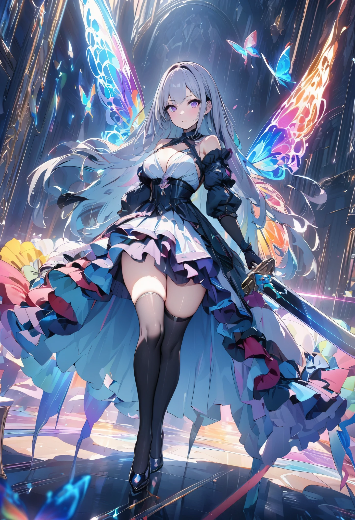 (masterpiece,  best quality:1.2,UHD,High Resolution),colorful,  1 girl, Gray Hair,  purple eyes,  dual weeding that destroys reality , sword,  sword, Blue Flame, Shine, Shine武器,  light particles , wallpaper,  chromatic avalations ,  too much exposed skin  , skirt、 Black Knee High 、Destroying reality、I can see the rainbow butterfly 、Diffuse reflection of light、Sword Dance、 Laser Beams、Flaming Flames 、magic、Luxurious effects