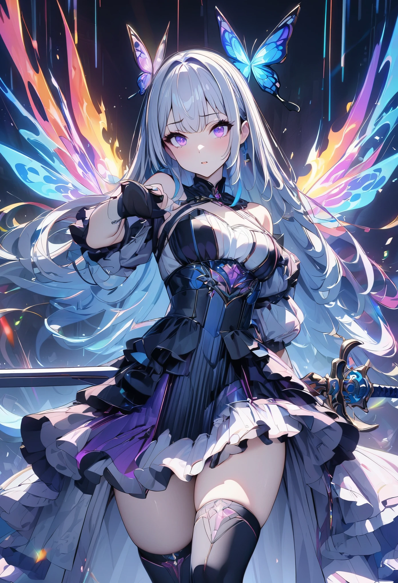 (masterpiece,  best quality:1.2,UHD,High Resolution),colorful,  1 girl, Gray Hair,  purple eyes,  dual weeding that destroys reality , sword,  sword, Blue Flame, Shine, Shine武器,  light particles , wallpaper,  chromatic avalations ,  too much exposed skin  , skirt、 Black Knee High 、Destroying reality、I can see the rainbow butterfly 、Diffuse reflection of light、Sword Dance、 Laser Beams、Flaming Flames 、magic、Luxurious effects