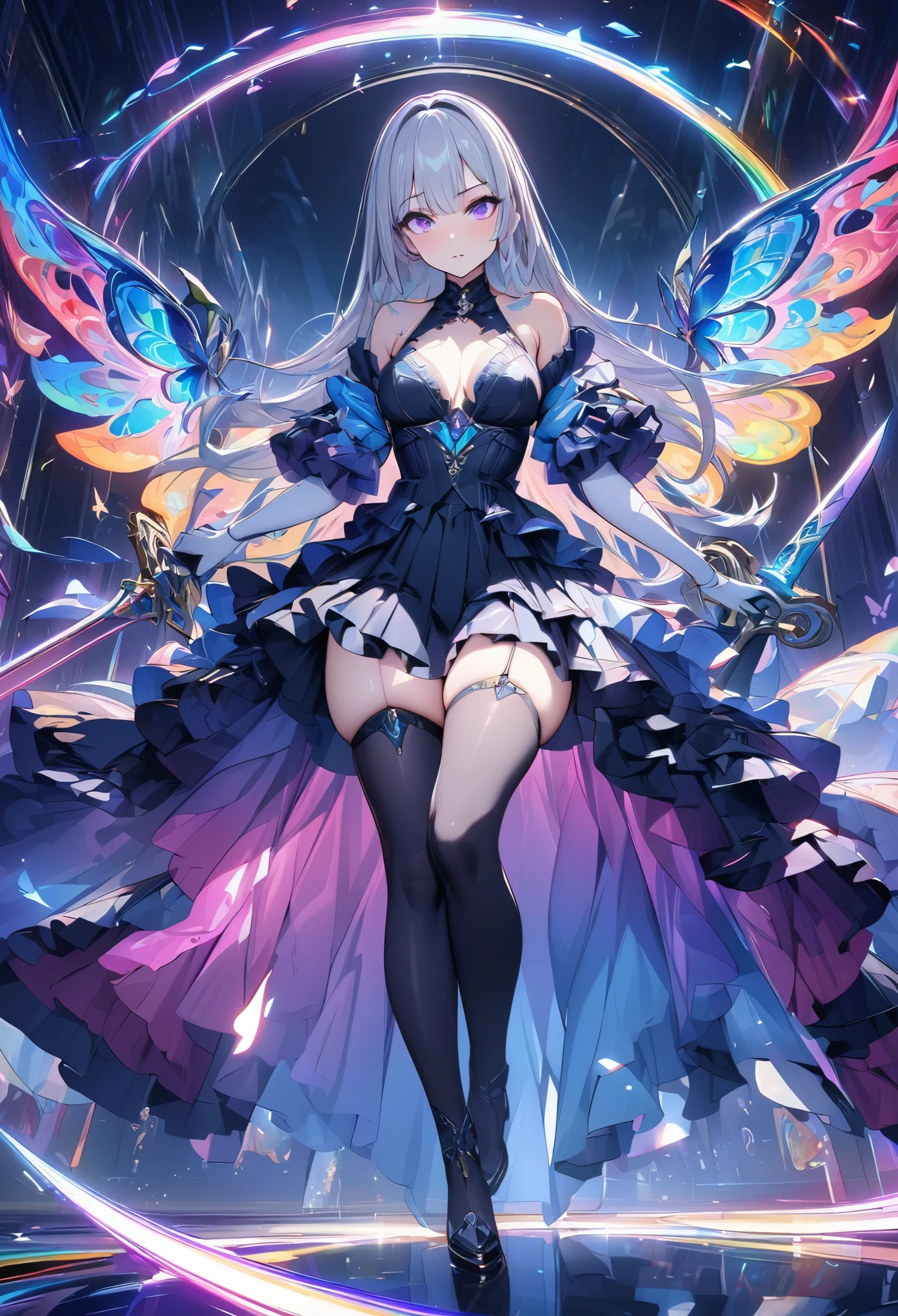 (masterpiece,  best quality:1.2,UHD,High Resolution),colorful,  1 girl, Gray Hair,  purple eyes,  dual weeding that destroys reality , sword,  sword, Blue Flame, Shine, Shine武器,  light particles , wallpaper,  chromatic avalations ,  too much exposed skin  , skirt、 Black Knee High 、Destroying reality、I can see the rainbow butterfly 、Diffuse reflection of light、Sword Dance、 laser beam、Dancing Flames、magic、Luxurious effects