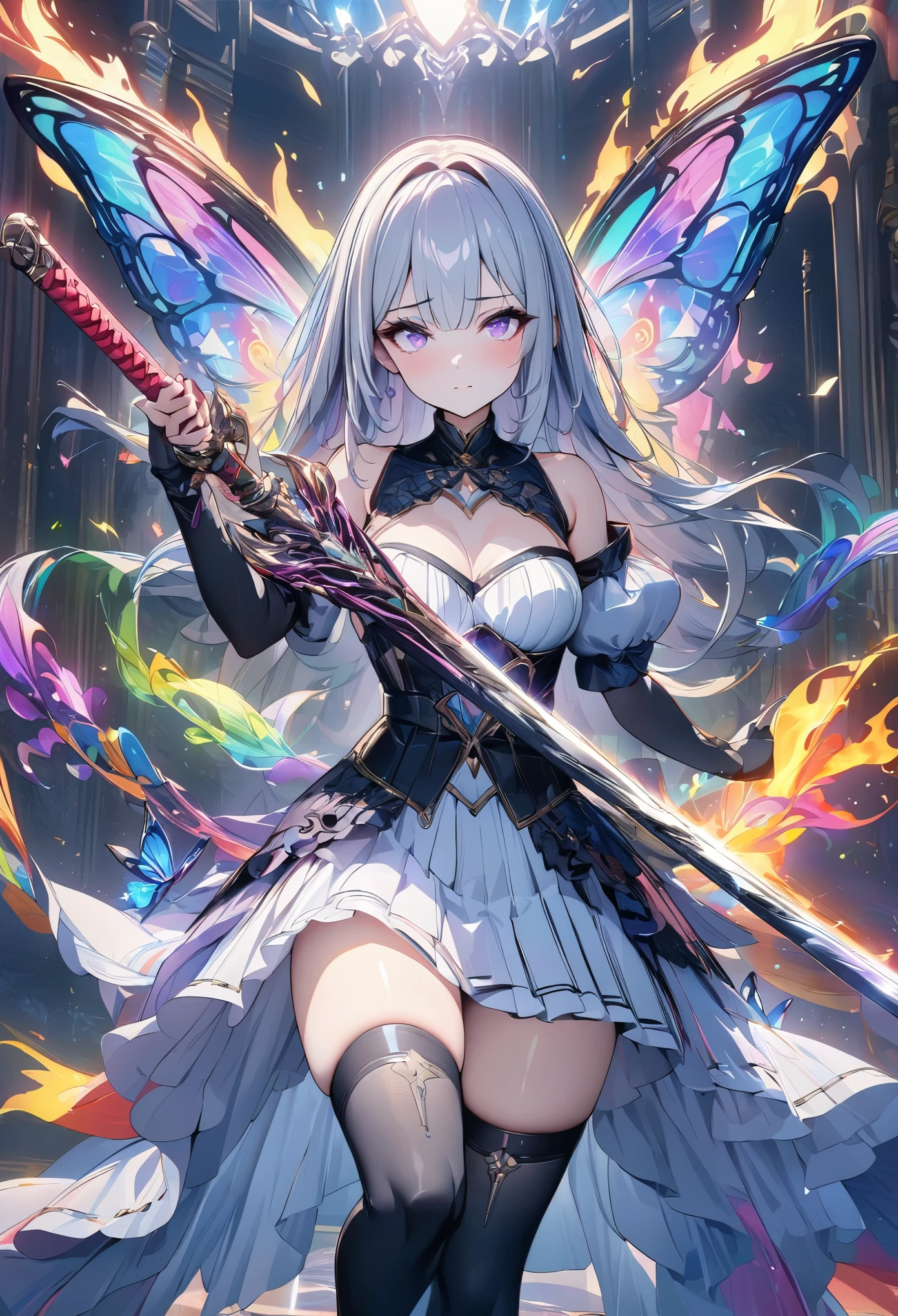 (masterpiece,  best quality:1.2,UHD,High Resolution),colorful,  1 girl, Gray Hair,  purple eyes,  dual weeding that destroys reality , sword,  sword, Blue Flame, Shine, Shine武器,  light particles , wallpaper,  chromatic avalations ,  too much exposed skin  , skirt、 Black Knee High 、Destroying reality、I can see the rainbow butterfly 、Diffuse reflection of light、Sword Dance、 Laser Beams、Flaming Flames 、magic、Luxurious effects