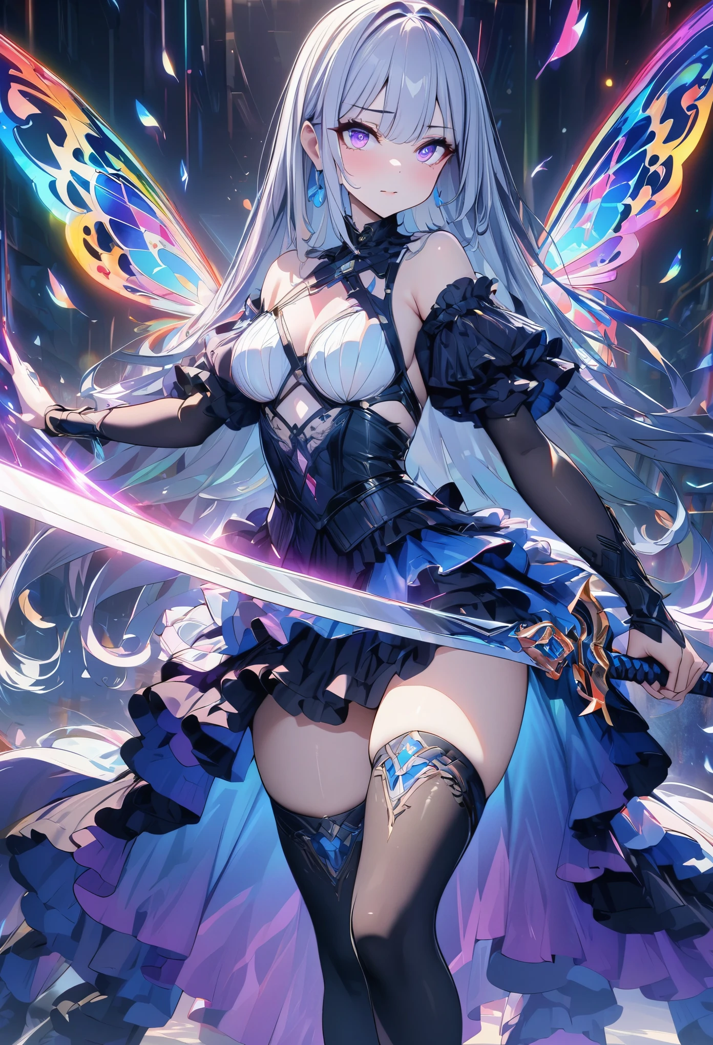 (masterpiece,  best quality:1.2,UHD,High Resolution),colorful,  1 girl, Gray Hair,  purple eyes,  dual weeding that destroys reality , sword,  sword, Blue Flame, Shine, Shine武器,  light particles , wallpaper,  chromatic avalations ,  too much exposed skin  , skirt、 Black Knee High 、Destroying reality、I can see the rainbow butterfly 、Diffuse reflection of light、Sword Dance、 Laser Beams、Flaming Flames 、magic、Luxurious effects