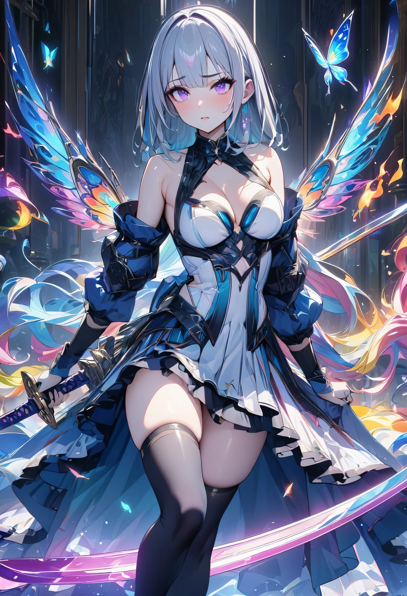 (masterpiece,  best quality:1.2,UHD,High Resolution),colorful,  1 girl, Gray Hair,  purple eyes,  dual weeding that destroys reality , sword,  sword, Blue Flame, Shine, Shine武器,  light particles , wallpaper,  chromatic avalations ,  too much exposed skin  , skirt、 Black Knee High 、Destroying reality、I can see the rainbow butterfly 、Diffuse reflection of light、Sword Dance、 laser beam、Dancing Flames、magic、Luxurious effects、A powerful composition