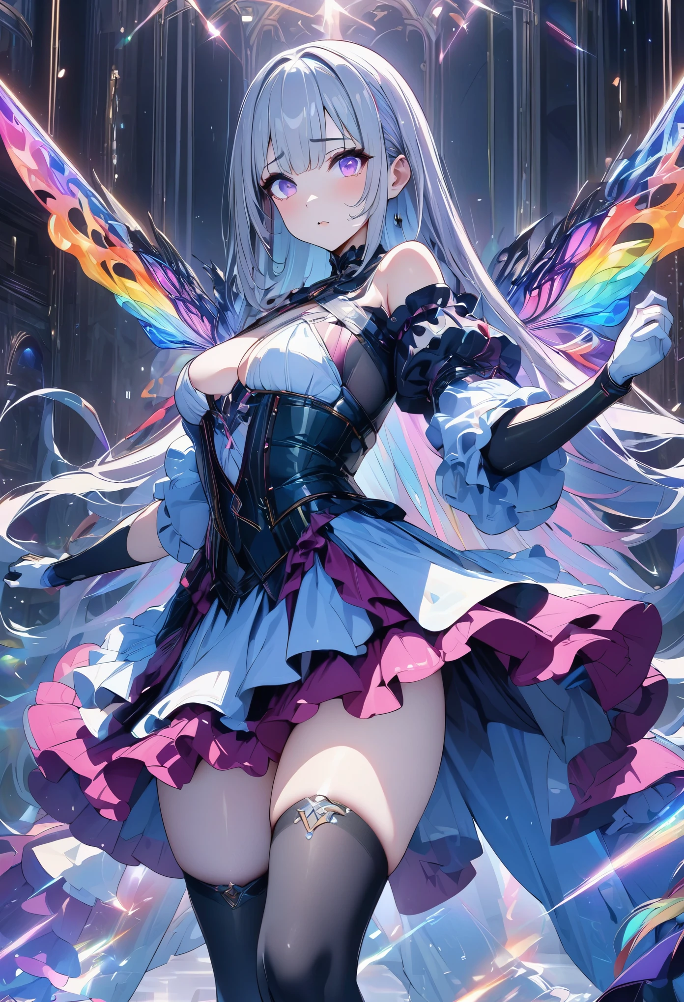 (masterpiece,  best quality:1.2,UHD,High Resolution),colorful,  1 girl, Gray Hair,  purple eyes,  dual weeding that destroys reality , sword,  sword, Blue Flame, Shine, Shine武器,  light particles , wallpaper,  chromatic avalations ,  too much exposed skin  , skirt、 Black Knee High 、Destroying reality、I can see the rainbow butterfly 、Diffuse reflection of light、Sword Dance、 laser beam、Dancing Flames、magic、Luxurious effects、A powerful composition