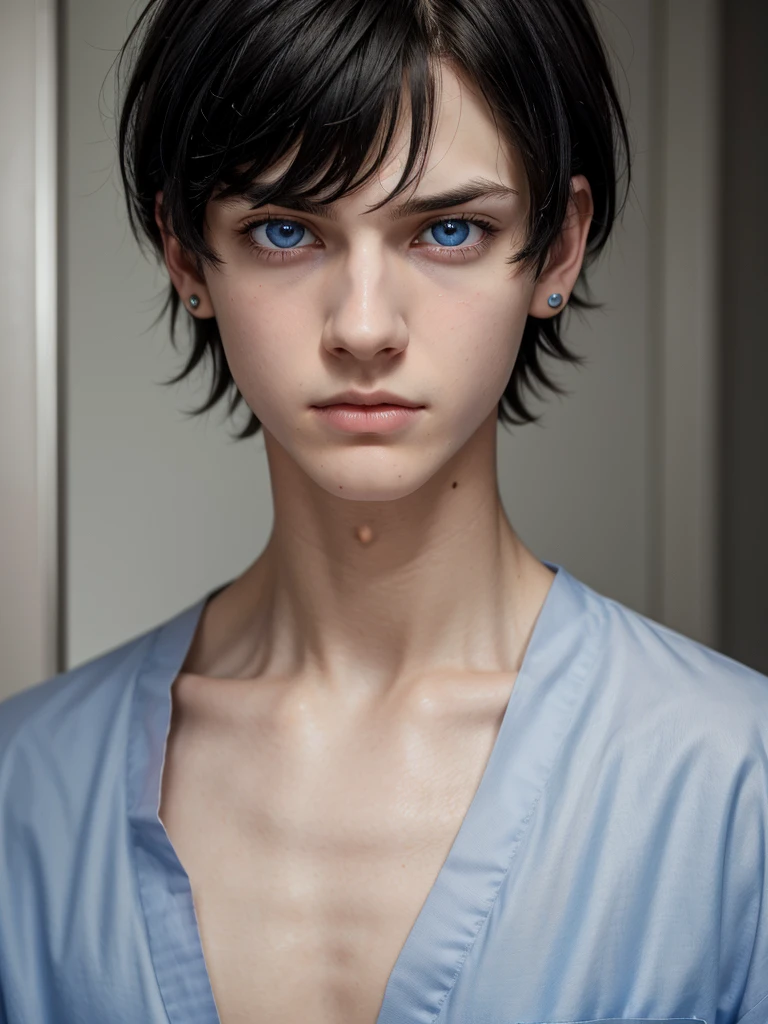 (best quality), 1boy, male, pale skin, black hair, short hair, tousled hair, messy bangs, bangs over eyes, blue eyes, perfect eyes, dark circles under eyes, frown, attractive, hospital gown, black earstuds, skinny body, masterpiece, anatomically correct, highres
