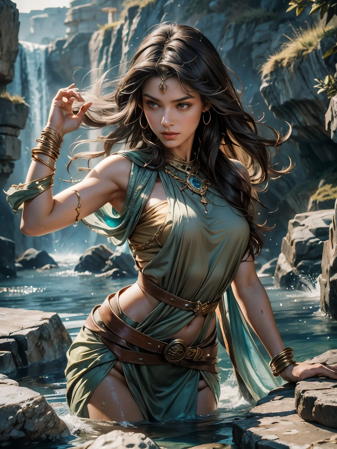 The Fox Godess, Beautyful, Silk,Clouds,Fox Tail, Loincloth, Golden Blue Metal Top, Forest,( bokeh )