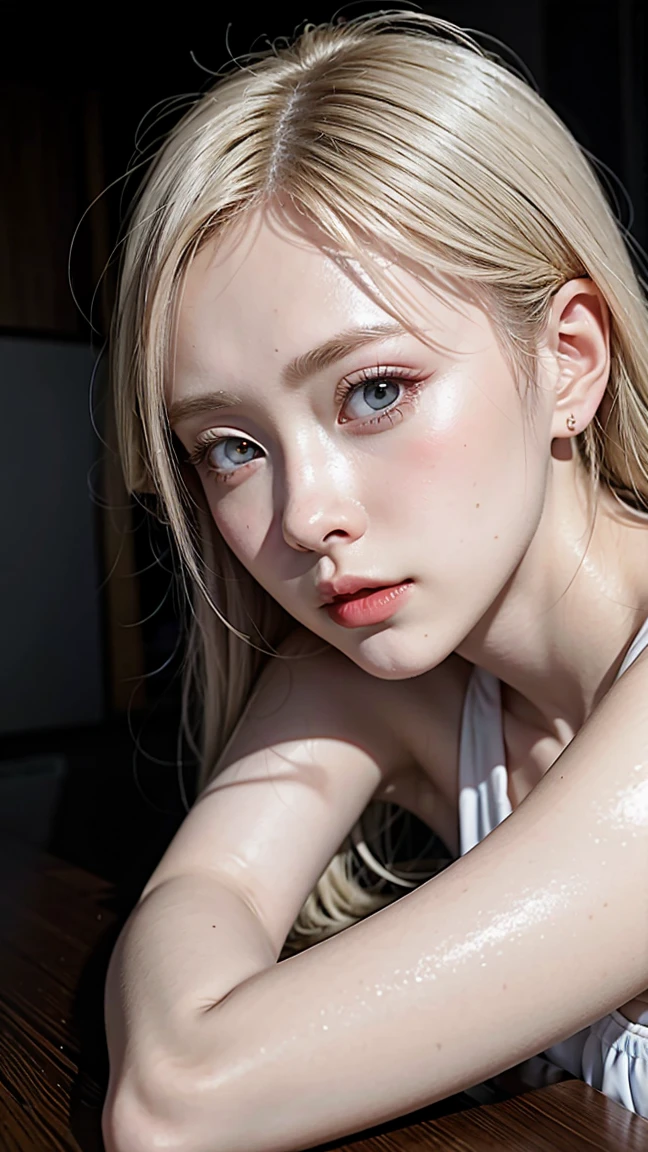 highest quality、Photorealistic、8k、High resolution、Perfect lighting、masterpiece、Blonde 1.2、Realistic、One girl sitting at gymnastics、Rage 1.2