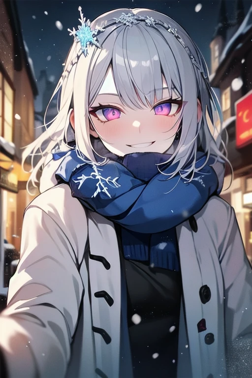 masterpiece, super details, best quality, beautiful Snow woman, glowing eye, evil smile, silver hair, pale skin, pov cheek warming, coat, scarf, reaching towards viewer, snowflakes on head, blizzard, town