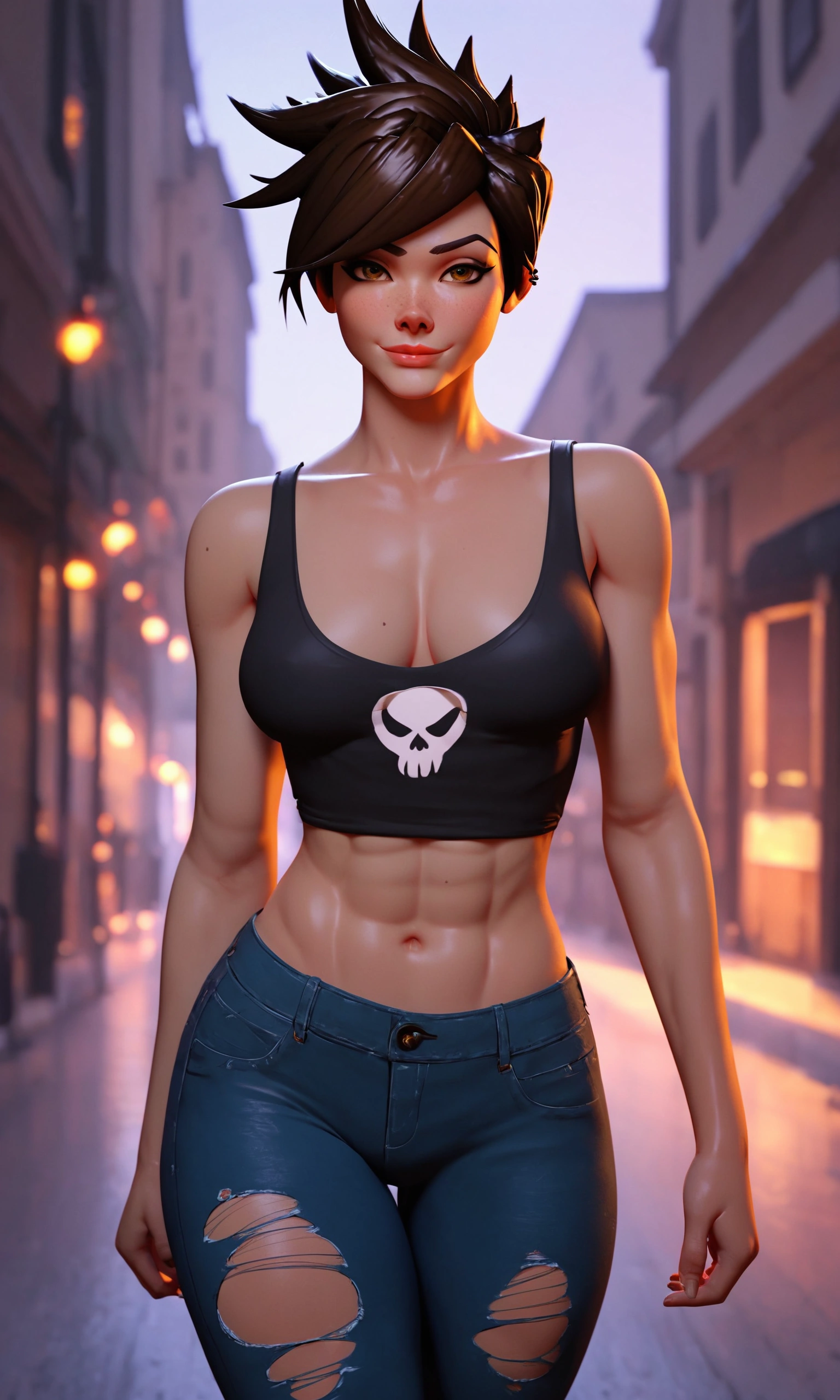 score_9, score_8_up, score_8, ecchi, 1girl, Tracer, wearing a purple and black skull tank top, ripped blue jeans. night time, walking down the city streets, cowboy shot, , , , midriff, cleavage, looking at viewer, seductive smile, meduim breasts, (slim fit), easynegative, thick thighs, toned body, outside, 