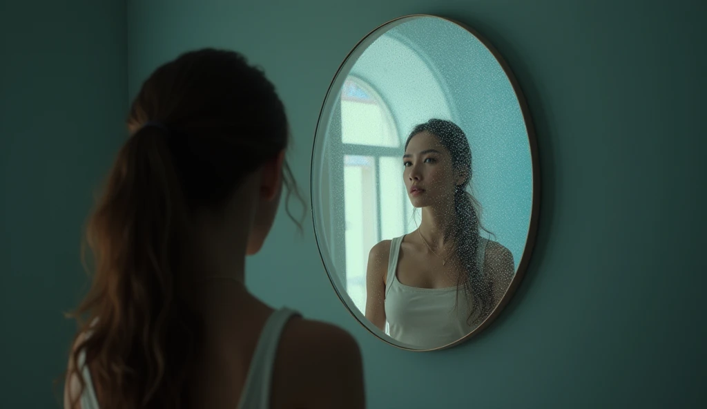 There's a woman who's looking at a CD in the mirror, seu rosto em discos, inspired by alternative album coverVHS Filter, tiradas no final dos anos 2000, lofi album art, fotografia de baixa qualidade, tiradas em meados dos anos 2000, Cds,