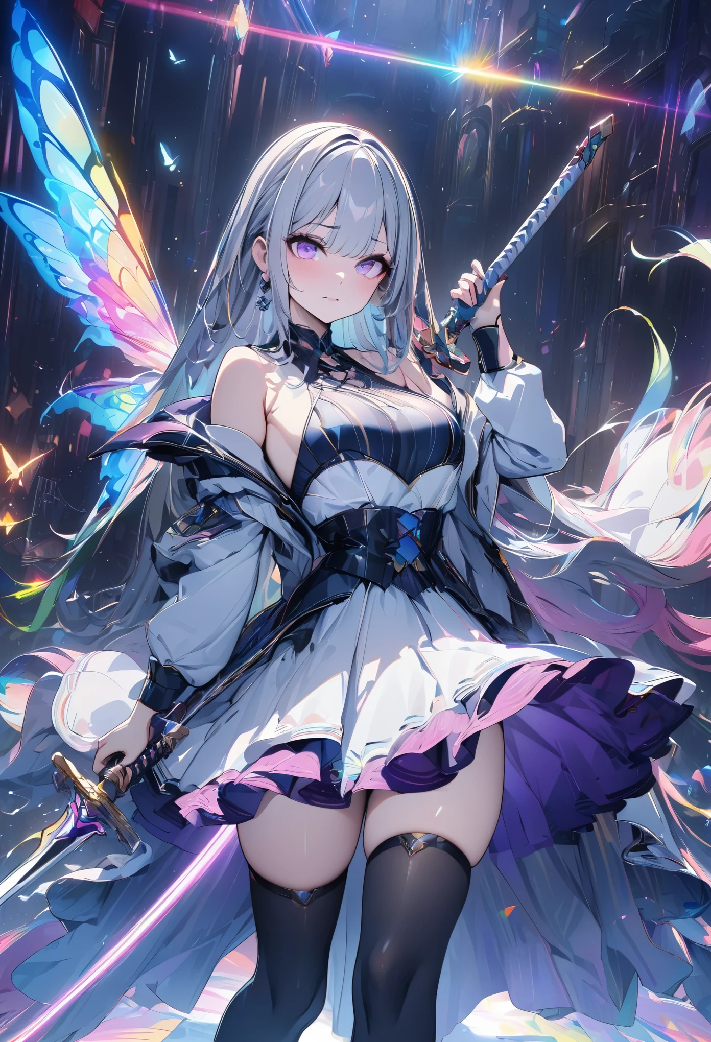 (masterpiece,  best quality:1.2,UHD,High Resolution),colorful,  1 girl, Gray Hair,  purple eyes,  dual weeding that destroys reality , sword,  sword, Blue Flame, Shine, Shine武器,  light particles , wallpaper,  chromatic avalations ,  too much exposed skin  , skirt、 Black Knee High 、Destroying reality、I can see the rainbow butterfly 、Diffuse reflection of light、Sword Dance、 Laser Beams、Flaming Flames 、magic、Luxurious effects