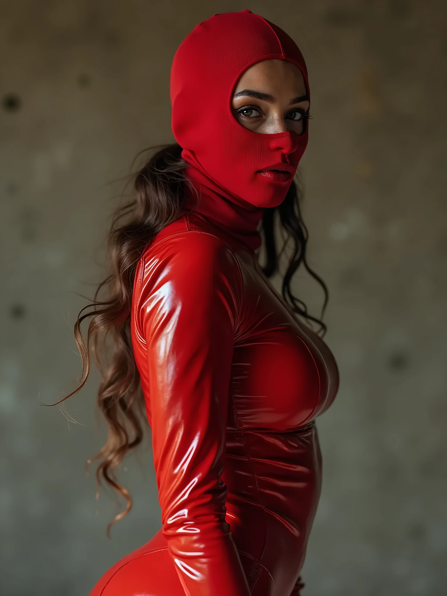 very vivd colors, 1 brazilian red-haired girl 16 years old, mummified whole body with tape, hands tied behind her back, huge breasts, She is gagged and the rubber tape is wrapped tightly around her head like a hood, covering her lips and chin and leaving her unable to speak, she is lying on a pile of latex pillows inside cozy latex tent, she is looking to the camera, very sad and angry , trying to struggle, 