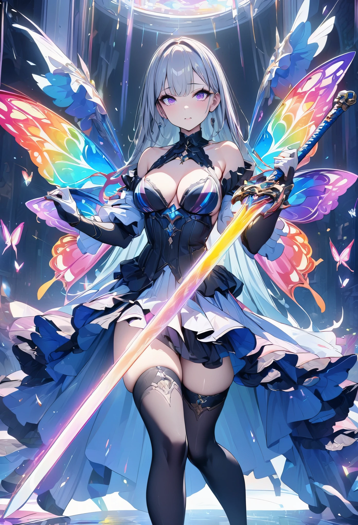 (masterpiece,  best quality:1.2,UHD,High Resolution),colorful,  1 girl, Gray Hair,  purple eyes,  dual weeding that destroys reality , sword,  sword, Blue Flame, Shine, Shine武器,  light particles , wallpaper,  chromatic avalations ,  too much exposed skin  , skirt、 Black Knee High 、Destroying reality、I can see the rainbow butterfly 、Diffuse reflection of light、Sword Dance、 Laser Beams、Flaming Flames 、magic、Luxurious effects