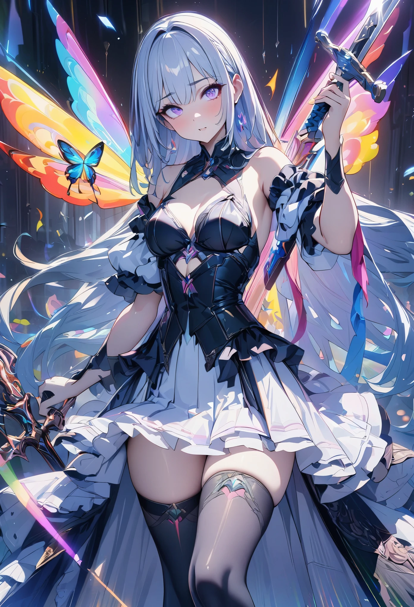 (masterpiece,  best quality:1.2,UHD,High Resolution),colorful,  1 girl, Gray Hair,  purple eyes,  dual weeding that destroys reality , sword,  sword, Blue Flame, Shine, Shine武器,  light particles , wallpaper,  chromatic avalations ,  too much exposed skin  , skirt、 Black Knee High 、Destroying reality、I can see the rainbow butterfly 、Diffuse reflection of light、Sword Dance、 Laser Beams、Flaming Flames 、magic、Luxurious effects