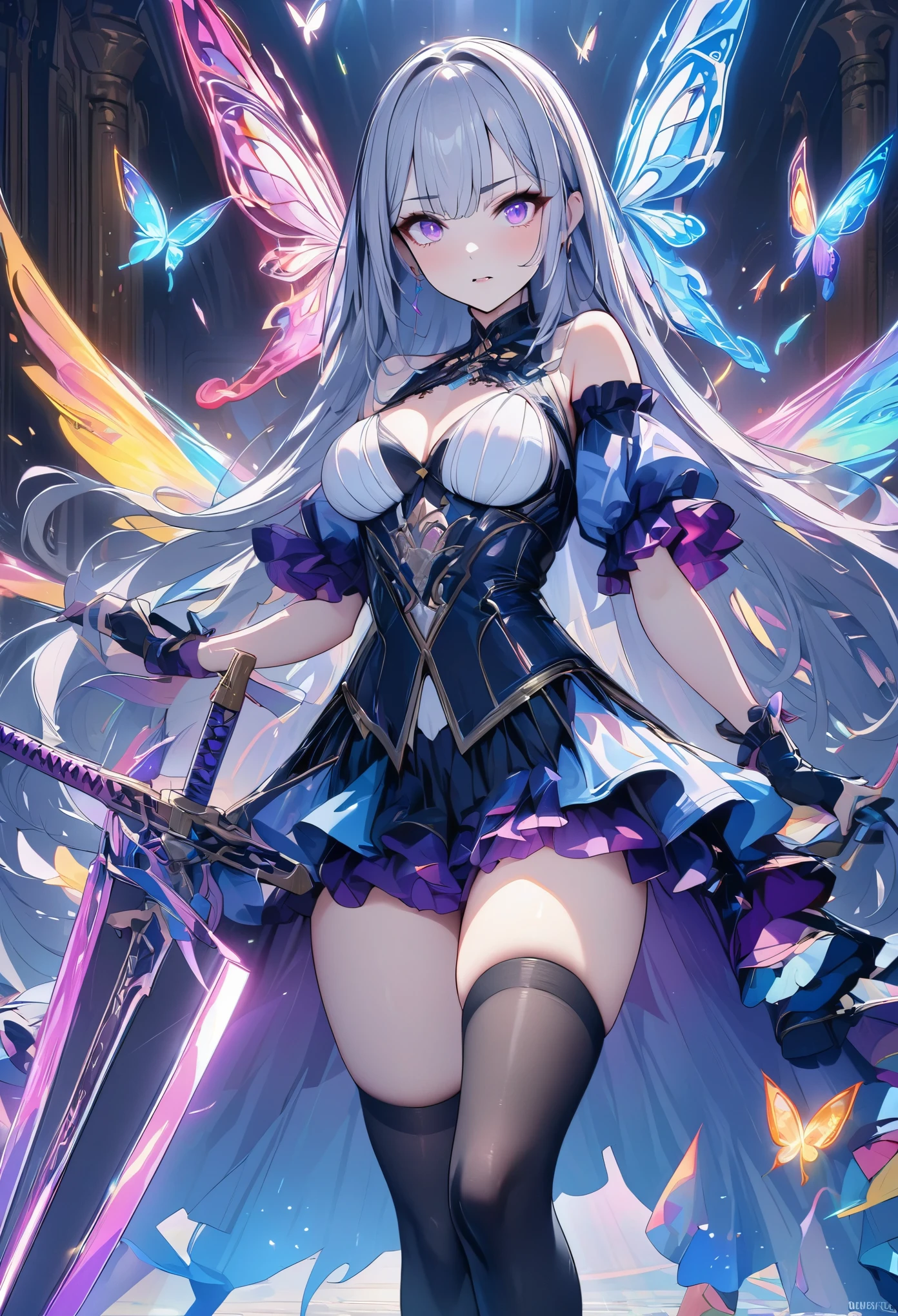 (masterpiece,  best quality:1.2,UHD,High Resolution),colorful,  1 girl, Gray Hair,  purple eyes,  dual weeding that destroys reality , sword,  sword, Blue Flame, Shine, Shine武器,  light particles , wallpaper,  chromatic avalations ,  too much exposed skin  , skirt、 Black Knee High 、Destroying reality、I can see the rainbow butterfly 、Diffuse reflection of light、Sword Dance、 Laser Beams、Flaming Flames 、magic、Luxurious effects