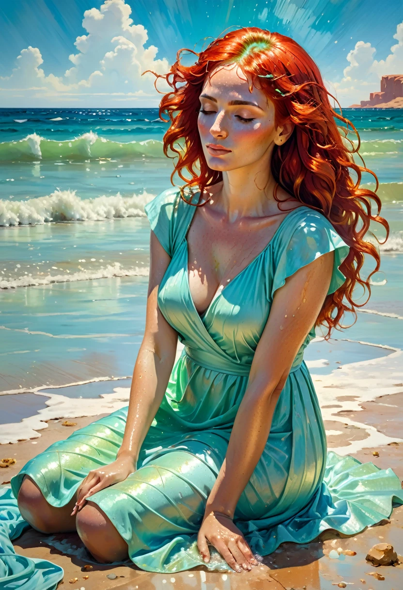 (best quality, highres, hyperrealistic: 1.2), ultra-detailed, gorgeous beautiful woman, auburn hair, silk creamy dress, holding my hand, thick thigh, ground view, velvet and blue lagoon bedroom, intricate decoration, vivid colors, sharp focus.