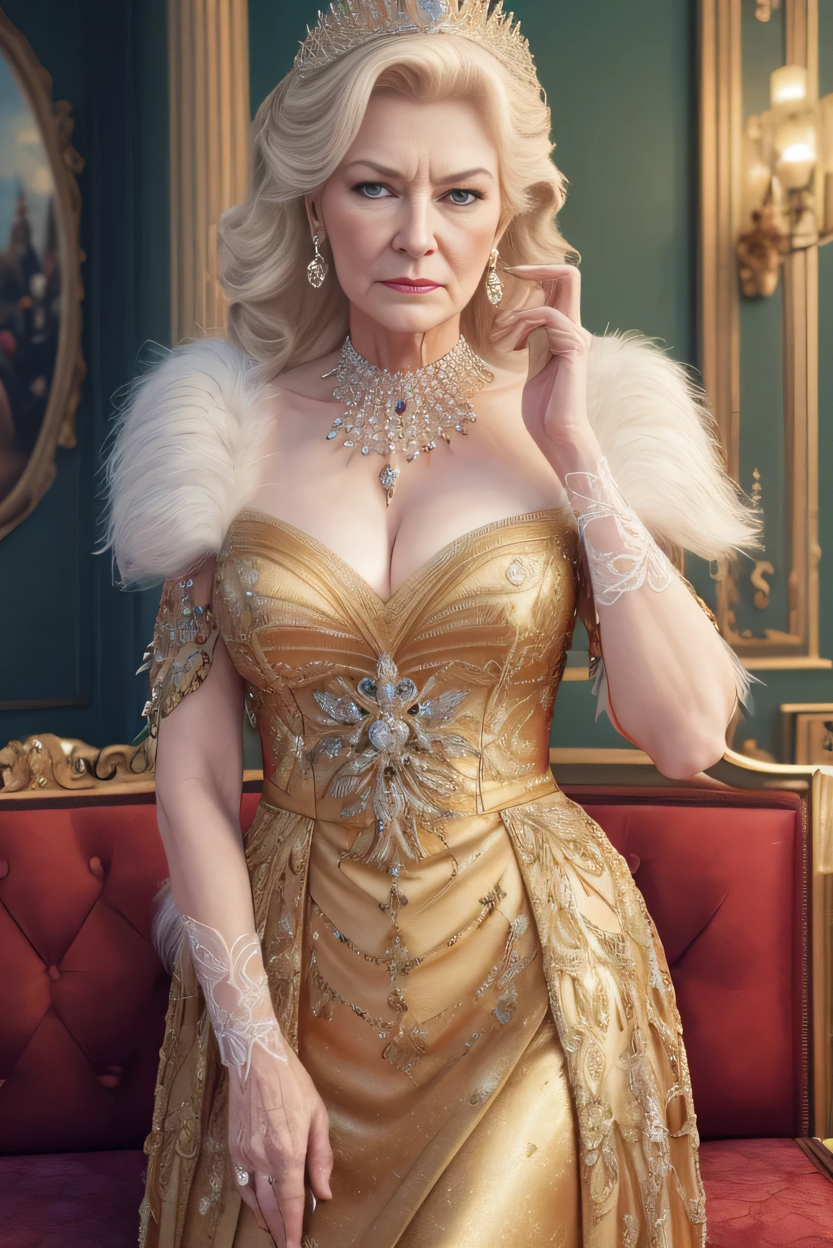 (Best Quality,4K,8k, High image quality, artwork :1.2), very detailed,(Realistic,photoRealistic,photo-Realistic:1.37), Hall for people 60 and over々Barrel Madame, queen ,dominant expression, (Nancy Patricia D.........'Alexander Pelosi:1.1), Elegant people for mature women over 60 , Rich curves, Wrinkled Face , short hair, Intense aura, Sublime Dominance, real faces using AI technology , Lingerie in different colors , In the bedroom, In the garden, See-through lingerie , Wearing panties, make your bra visible, good, I' I'm looking forward to it , Show me your ass from behind