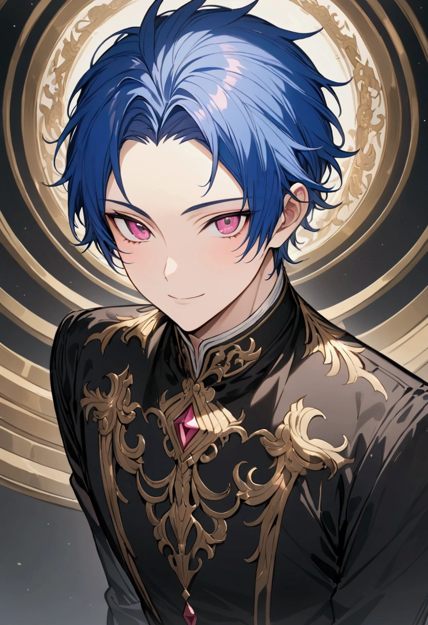 whole body、Character portrait、male、masterpiece、Handsome、The forehead is visible、 ((blue Hair))、wearing black uniform, Give bangs、Showing his forehead、Handsome、Intricately drawn eyes、good looking、((dark pink eyes)), smiling, whole body