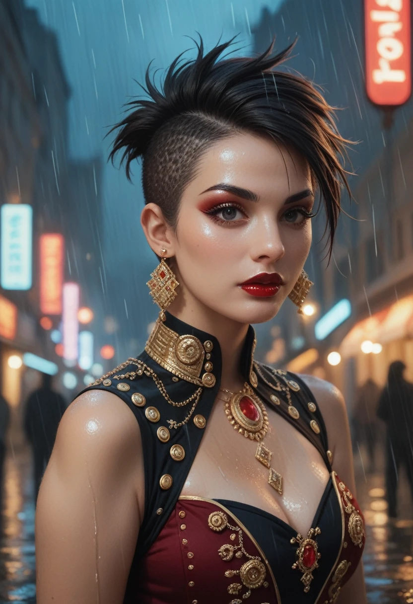 A very realistic image with amazing real details and high-resolution photography of a woman wearing baroque clothes decorated with gold embroidery and wonderful colors of silk, wearing makeup and dark red lipstick with a modern punk hairstyle, standing in an old English neighborhood at night with rain falling.