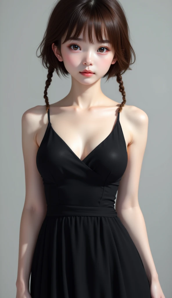 High resolution, High level image quality, high detail,, anatomically correct, sharp, gray background、((Japanese)), alone,snow-white skin,fair skin、plump lips、Very cute、small breasts、small breasts、An ennui look、 well-shaped chest, mesh brown hair、twin tails、short hairのtwin tails、short hair、stylish black dress:1.3、(((stand upright, facing the center of the screen.))) ((Upper body angle))、RAW photo、highest quality、super resolution、Highest image quality、master piece、８k