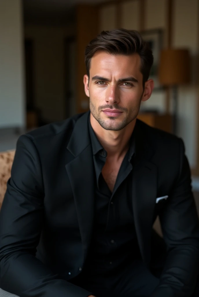 A young man of 26 years. Robust vigourus and attractive. He wears a black shirt and a black fitted suit. ... relaxed.  in his luxury apartment. Look at the viewer Closeup. 