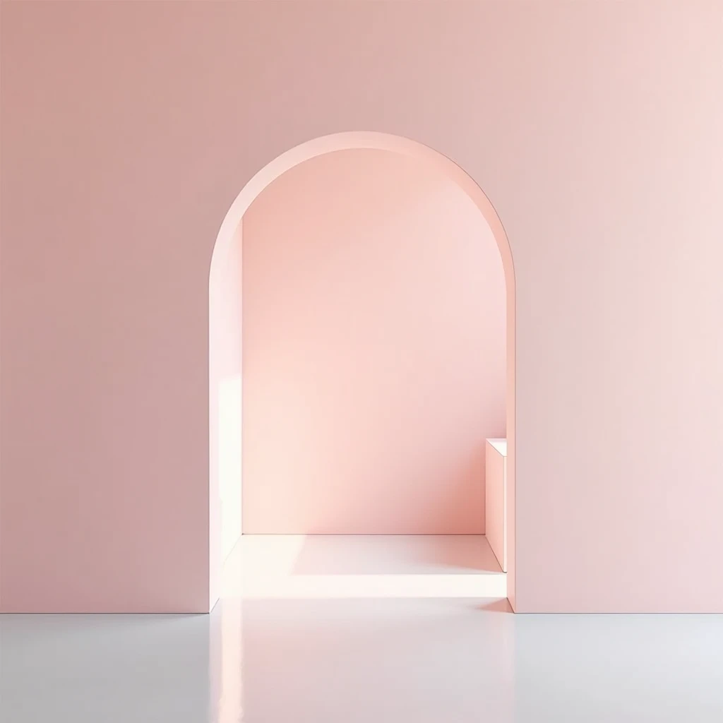 A room with no sunlight. one wall of 3D brick wallpaper of white colour on it and others three walls of light pink colour and white door