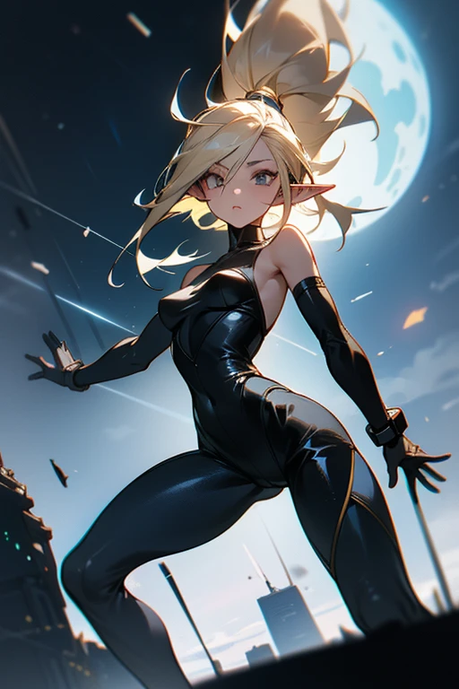 An anime version of ultra high definition, realistic image of a dimunitive, athletic female blonde elf (pointy ears) who is wearing a skimpy outfit with bare legs, bare arms (tight fitting black spandex combat uniform), cyberpunk futuristic style, wearing black gloves; dynamic and sexy pose, cyberpunk background of a night cityscape filled with neon lights and towering skyscrapers