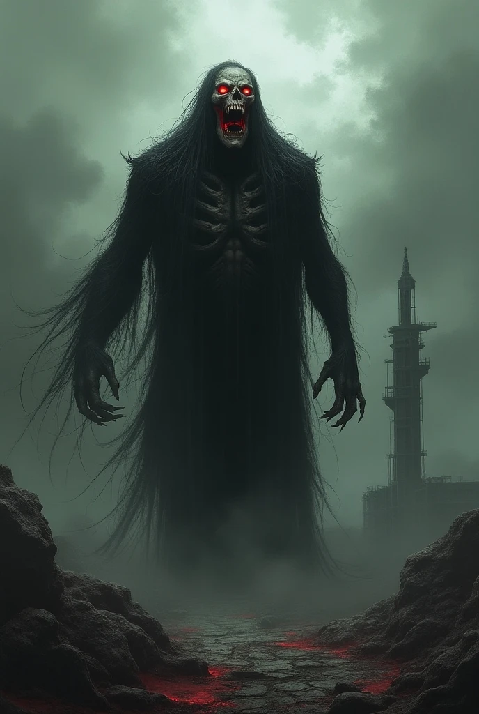  A grey monster with scars for eyes and large mouths full of sharp teeth, they have human silhouette, but they are gray and wear a black cloak