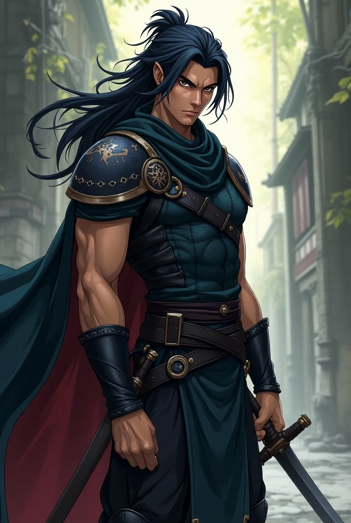 DND male warlock elf, glowing blue eyes, tanned skin, long black hair, obsidian gemstone, walking in a desert, shirtless, black cape, villainous energy