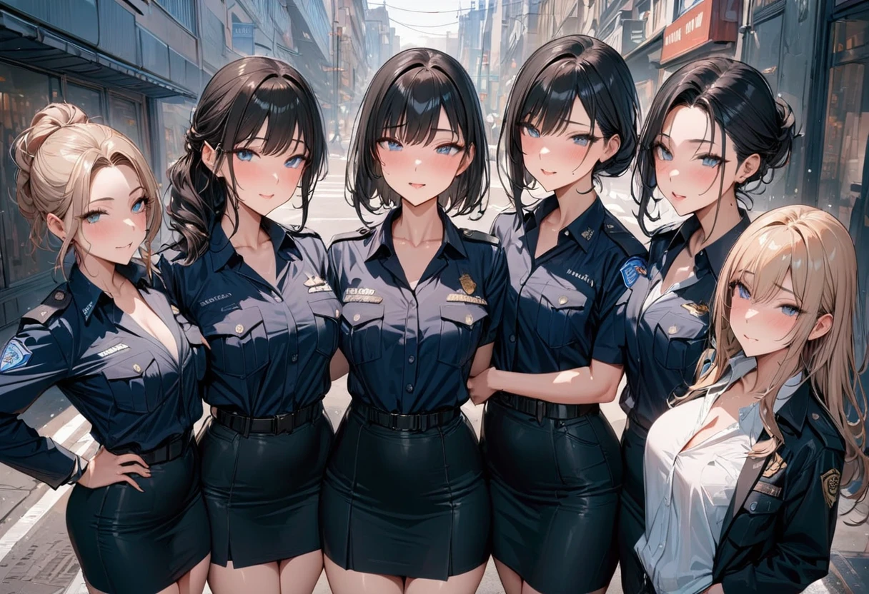 (masterpiece, best quality, ultra detailed, high resolution), (multiple women:1.3, group shot), police uniform, different types of women, different hairstyles, beautiful face, cute face, Show off your panties from your skirt, seductive pose, (cowboy shot:1.2), (from above:1.3), On the Streets