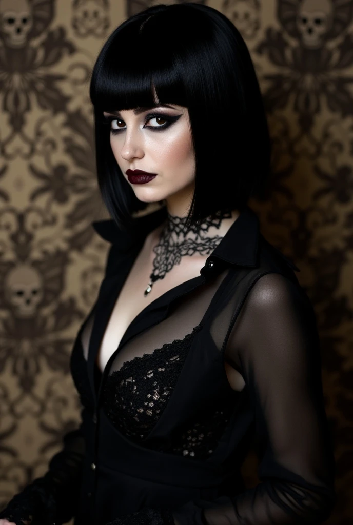 goth girl, I look at the viewer, sexual, slender body, black lace gown, tulle, All-black lips, Drawing the eyes, tuxedo eyes, long fluffy eyelashes, styled by Isao Andrews
