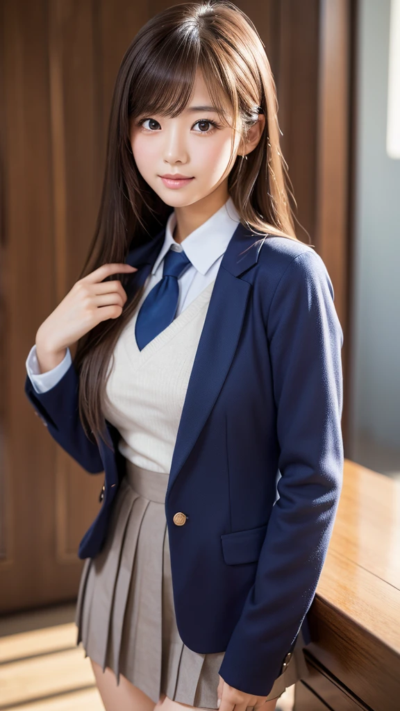8k, highest quality, real image, intricate details, Super detailed, ultra high resolution, depth field,(realistic,realistic:1.2), (closed my eyes:1.2), (open mouth), 1 Japanese girl, very beautiful 17 year old girl, Big eyes, beautiful breasts:1.5、highly detailed eyes:1.2), (beautiful breasts:1.1), (small breasts:1.3), wavy hair、curly hair、bangs, perfect skin, Fair skin, huge hips, thick thighs, thick legs, tight waist, light blush, alone, (tears flow), (School_uniform),(dark blue blazer), (white shirt、wear a tie), (gray pleated skirt), (sculpture installation :1.1)