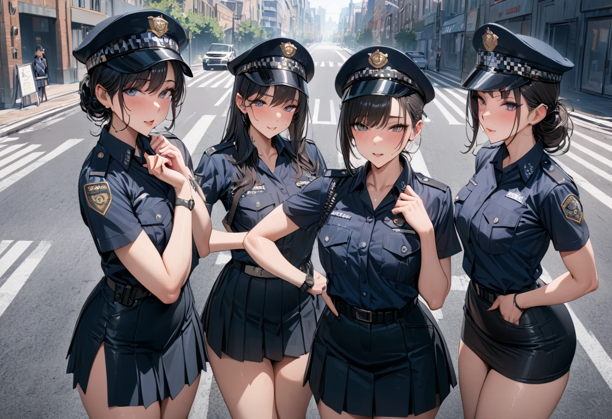 (masterpiece, best quality, ultra detailed, high resolution), (multiple women:1.3, group shot), police uniform, different types of women, different hairstyles, beautiful face, cute face, flip up the skirt, seductive pose, (cowboy shot:1.2), (from above:1.5), On the Streets