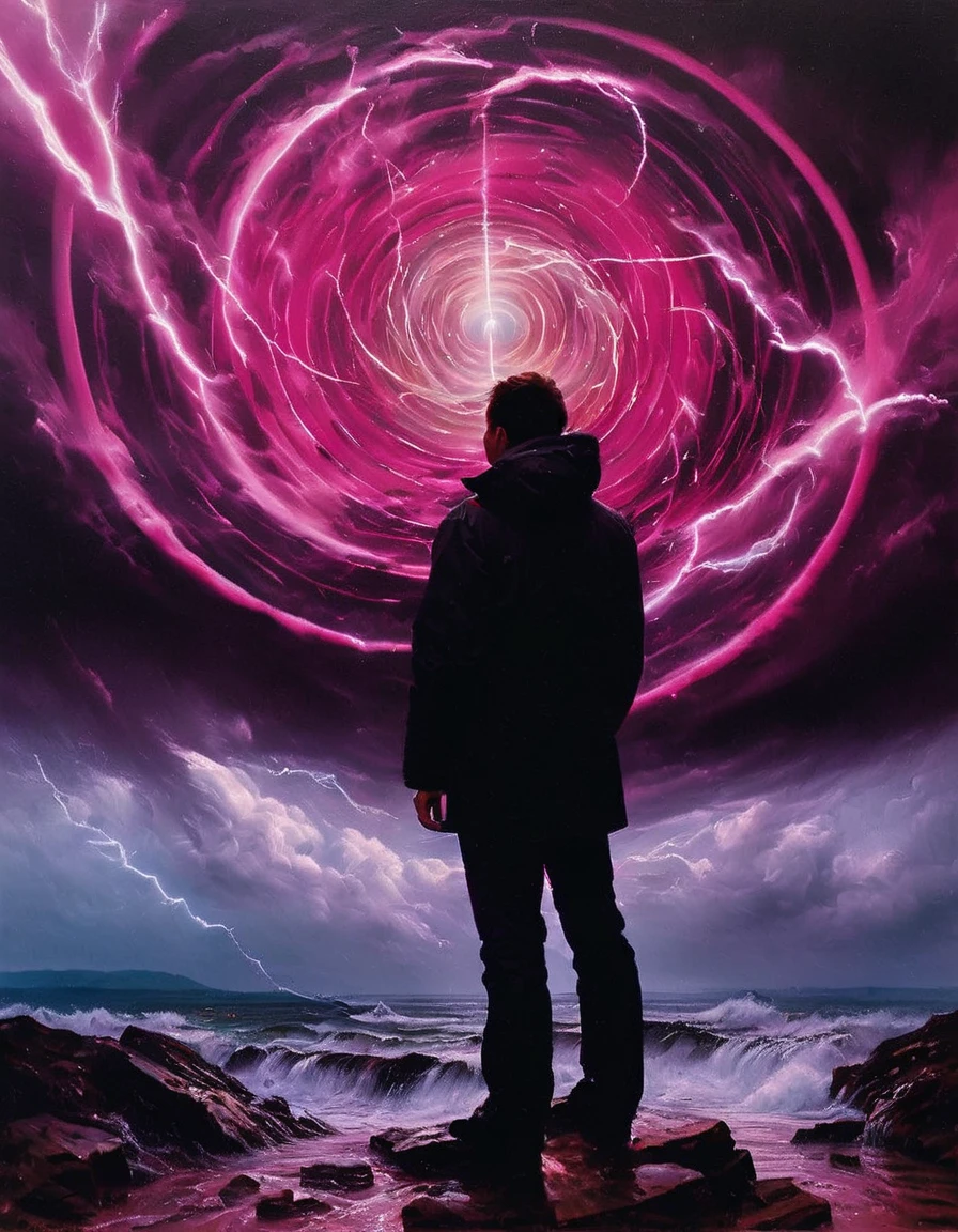 Chad is standing in front of a large piece of abstract art. The art is titled "In the Loop:0.0". The piece features several interconnected rings or loops painted in bright, inviting colors. The colors are predominantly pink. Chad is looking at the art with a sense of awe and wonder. In the distance, there is a storm brewing, with dark clouds and lightning flashes. The storm adds a sense of drama and intensity to the scene.