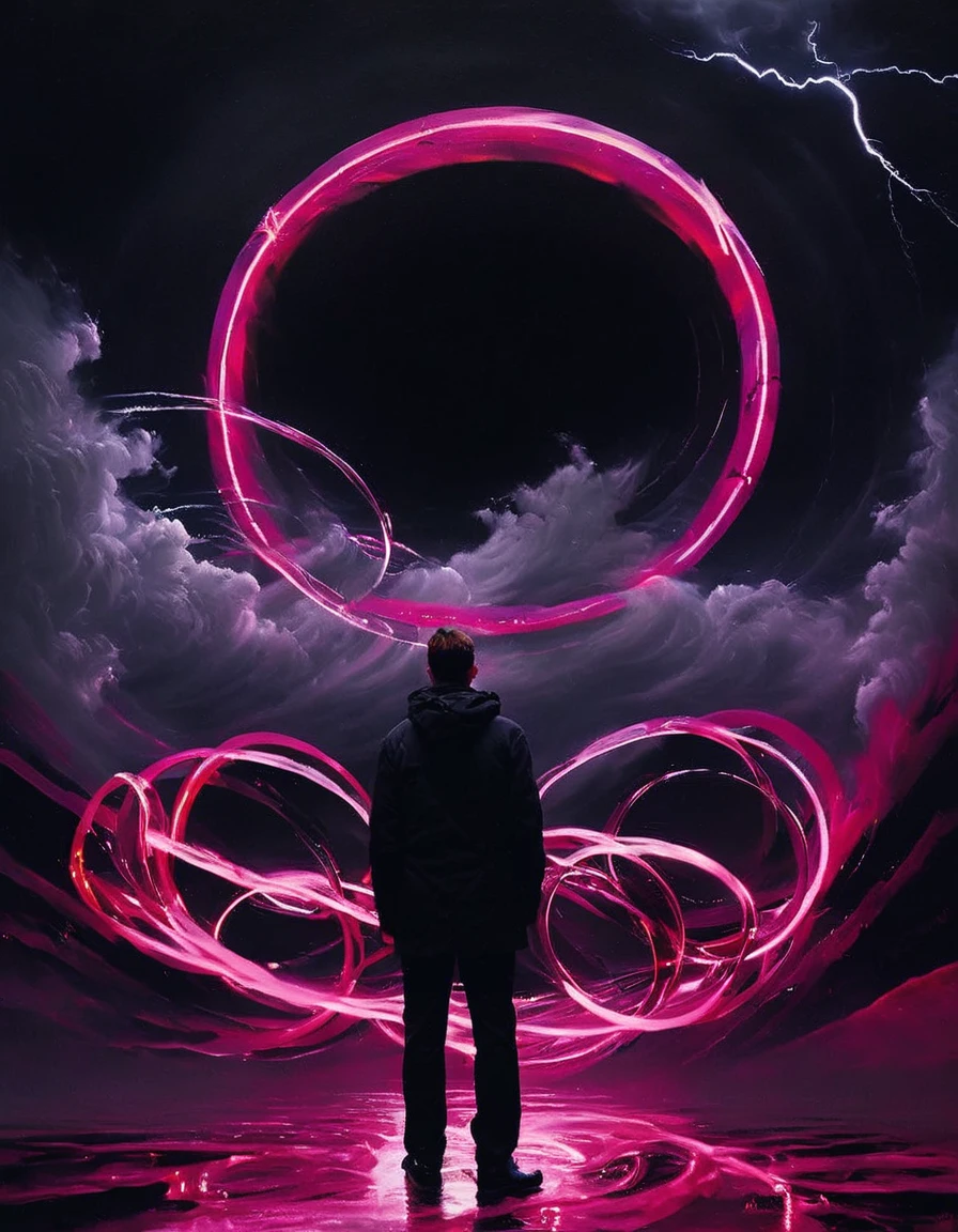 Chad is standing in front of a large piece of abstract art. The art is titled "In the Loop:0.0". The piece features several interconnected rings or loops painted in bright, inviting colors. The colors are predominantly pink. Chad is looking at the art with a sense of awe and wonder. In the distance, there is a storm brewing, with dark clouds and lightning flashes. The storm adds a sense of drama and intensity to the scene.