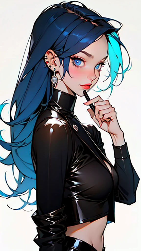 1girl, solo, breasts, looking at viewer, blue eyes, simple background, white background, jewelry, medium breasts, closed mouth, blue hair, jacket, upper body, earrings, open clothes, midriff, from side, open jacket, lips, black jacket, crop top, makeup, piercing, ear piercing, leather, leather jacket,stylemidjurney,1 gril,1 girl, playing the flute, flute