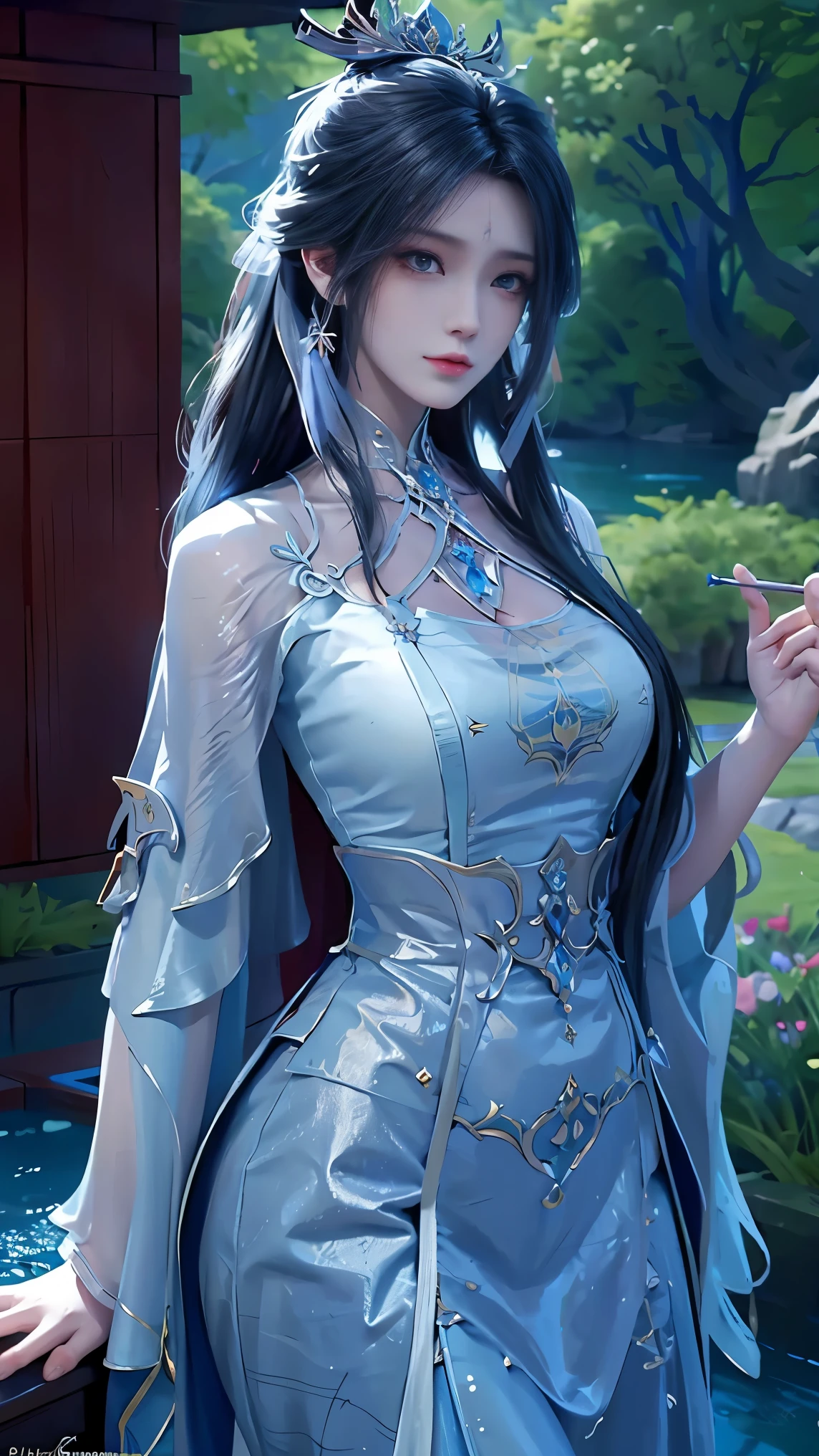 The painting shows a woman in a blue dress standing in a pool, Beautiful character painting, ((Beautiful fantasy queen)), Beauvot Art Style, closeup fantasy with water magic, Artwork in the style of Guweiz, Inspired by Chen Yifei, Ethereal Beauty, Beautiful fantasy queen, Inspired by Zhang Yan, palace , Girl wearing Hanfu (Optimal lighting), (Super intricate details), 4k unity, (Super detailed CG),masterpiece, Exquisite facial features, Delicate hair depiction, Detailed description