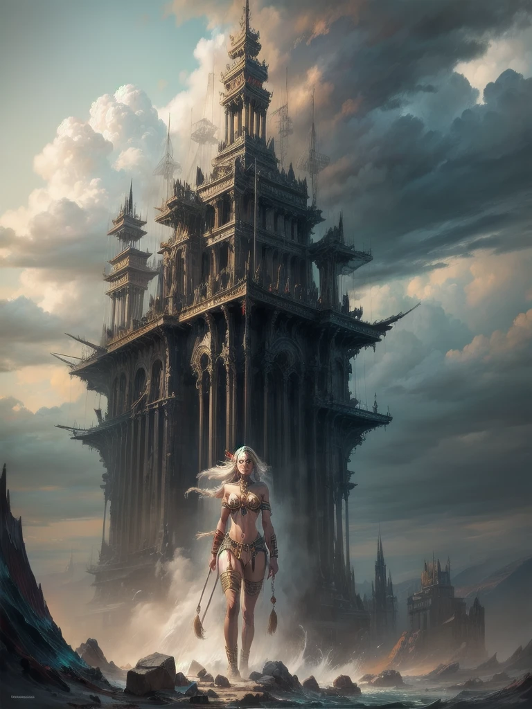 ((Tribal maiden)) amidst the remnants of an ancient civilization, facing a turbulent storm, swirling clouds, dynamic composition, painterly details, fantasy realism, captivating and dark ambiance."